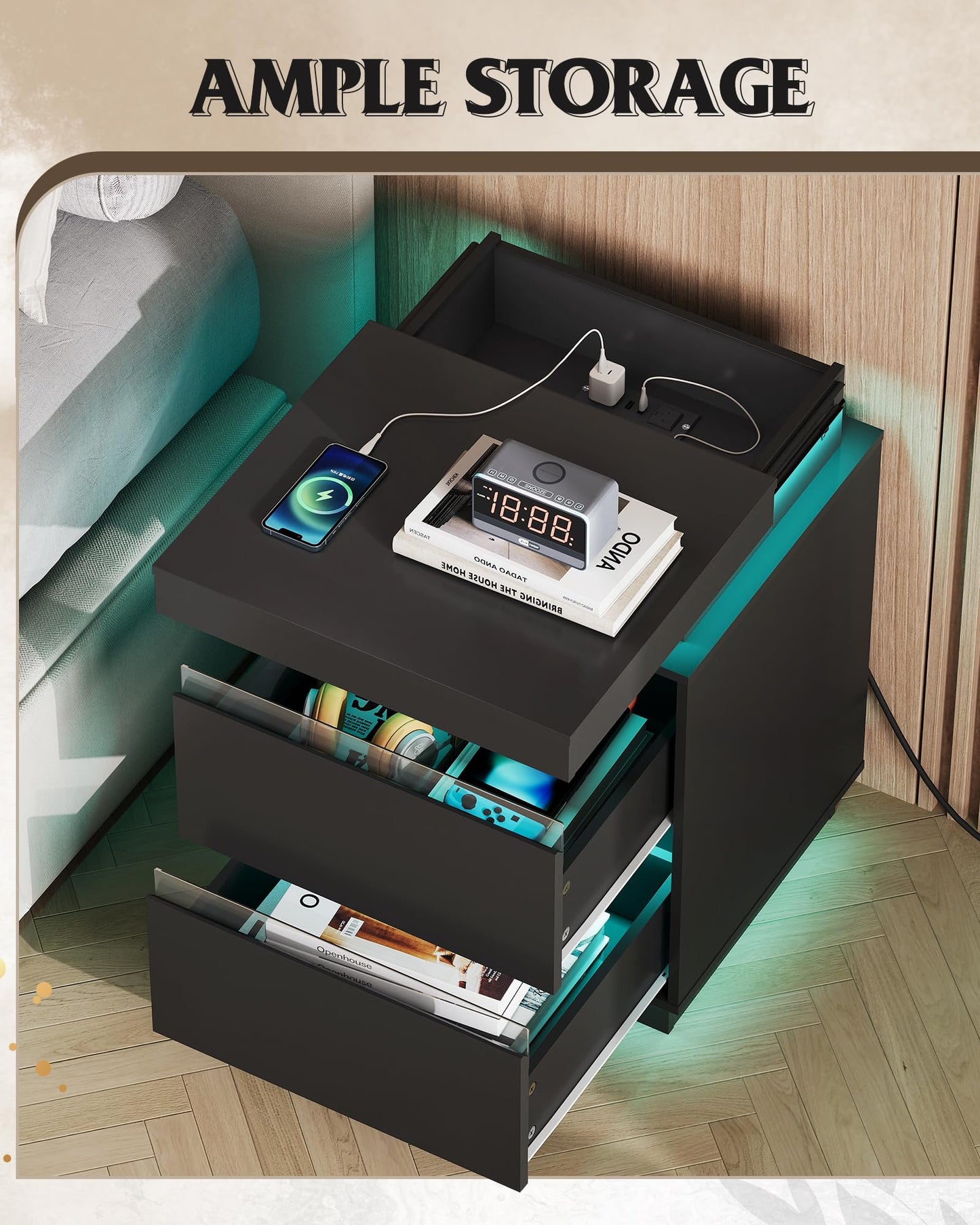 WLIVE Black Nightstand with Charging Station and LED Lights, Bedside Table with 2 Wooden Drawers and Sliding Top, Modern End Table Side Table for Bedroom, Living Room, Office