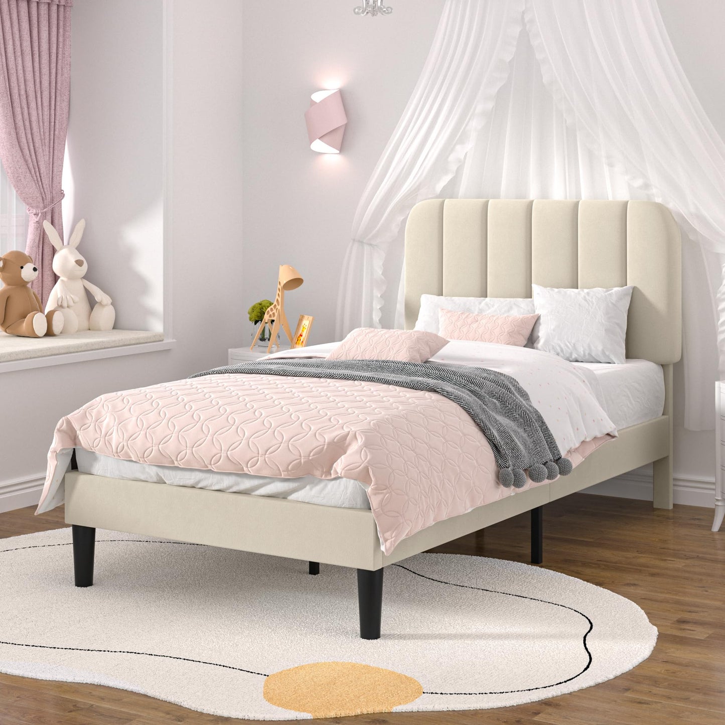 VECELO Twin Size Bed Frame with Upholstered Headboard, Velvet Platform Bedframe Mattress Foundation, Strong Wood Slat Support, No Box Spring Needed,Velvet Beige
