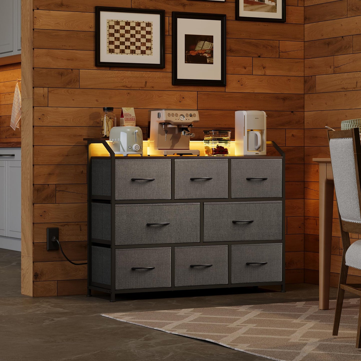 WLIVE Dresser TV Stand with Power Outlets, Led Dresser for Bedroom, Fabric Chest of Drawers with Double Open Shelves, Wood Top, Steel Frame, 6 Drawer Dressers for Closet, Living Room, Dark Grey