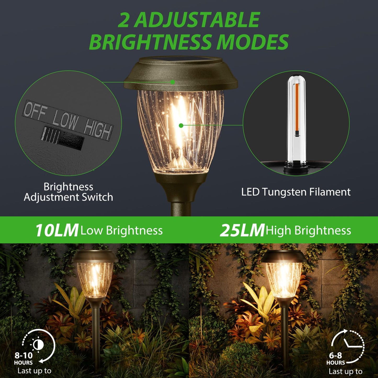 XMCOSY+ Solar Pathway Lights Outdoor, 10/25 LM in 2 Lighting Modes, Glass Stainless Steel Waterproof Outside Solar Powered Garden LED Lights for Yard Lawn Driveway Walkway Landscape Decor(Warm White)