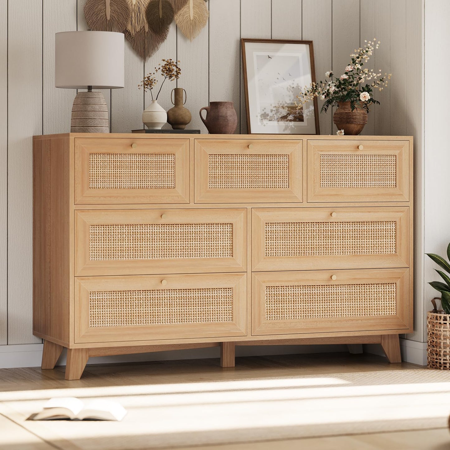 VIAGDO Rattan Dresser for Bedroom, 7 Drawer Dresser with Natural Rattan Drawers, Wooden Wide Cabinet with Gold Handles, Modern Closet Storage Chest of Drawers for Nursery Entryway Living Room