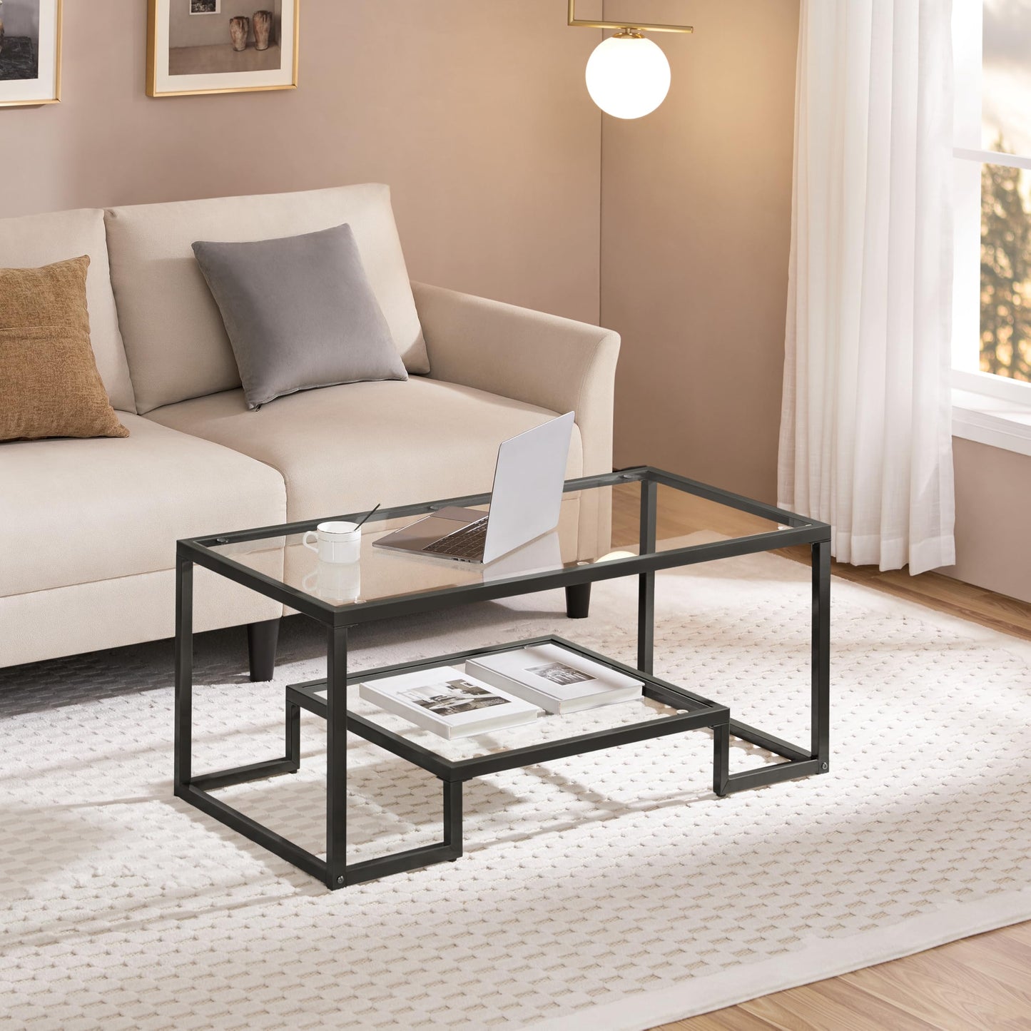 Yaheetech Coffee Table, Tempered Glass Coffee Table, Modern Simple Center Tables w/Geometric-Inspired Design & Metal-Frame & Easy Assembly & Open Storage Shelf for Living Room, Office, Black