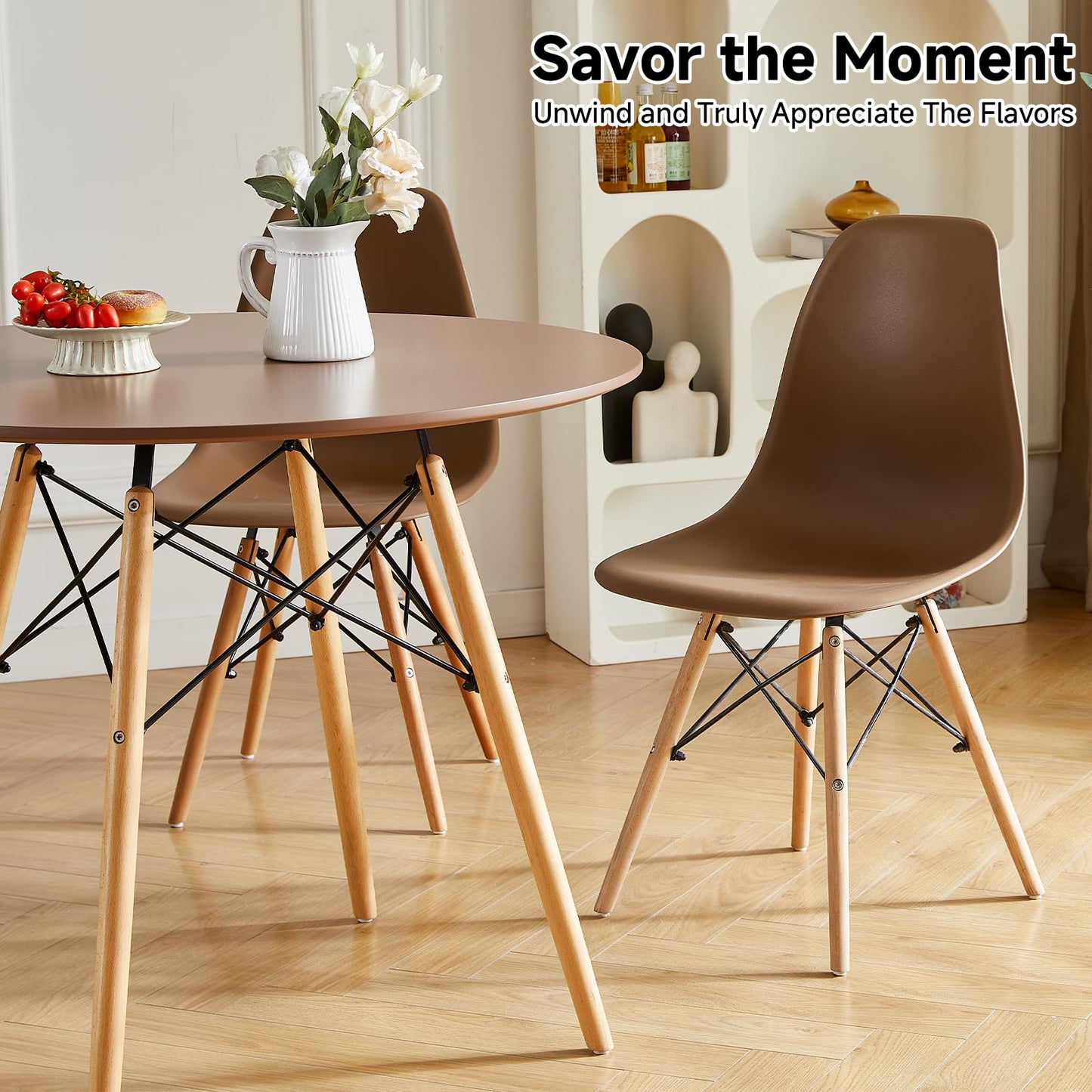 Yuqunfur Round Dining Table Set for 4 35.5" Wood Dinner Table Circle Dining Table Kitchen Table Chairs Set of 4 with Wood Strip Base for Kitchen Living Room Space Saving Apartment(Brown)