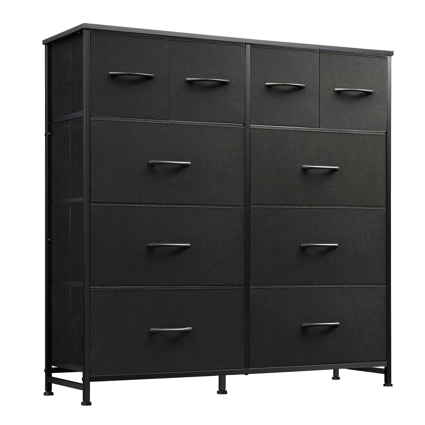 WLIVE Dresser for Bedroom with 10 Fabric Drawers, Tall Chest Organizer Units for Clothing, Closet, Storage Tower with Cabinet, Metal Frame, Wooden Top, Black Dresser for Living Room