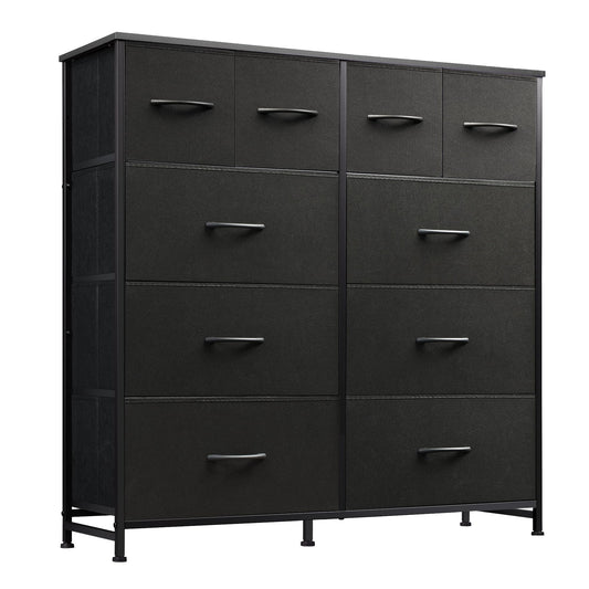 WLIVE Dresser for Bedroom with 10 Fabric Drawers, Tall Chest Organizer Units for Clothing, Closet, Storage Tower with Cabinet, Metal Frame, Wooden Top, Black Dresser for Living Room