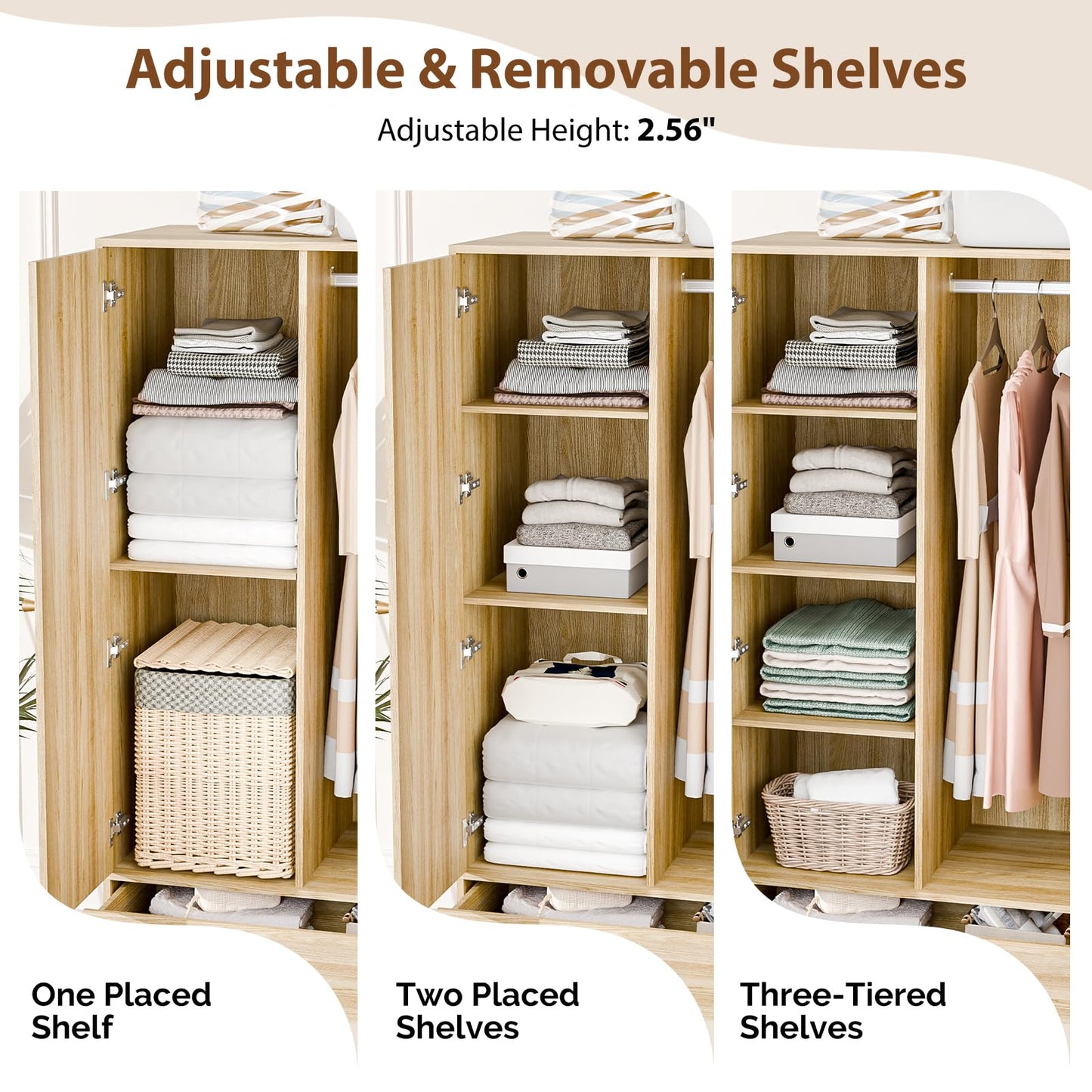 VINGLI Wardrobe Closet with Doors, Rattan Armoire Wardrobe Closet with Drawers & Hanging Rod, Wooden Armoire for Hanging Clothes, Natural Oak, 68.9" H