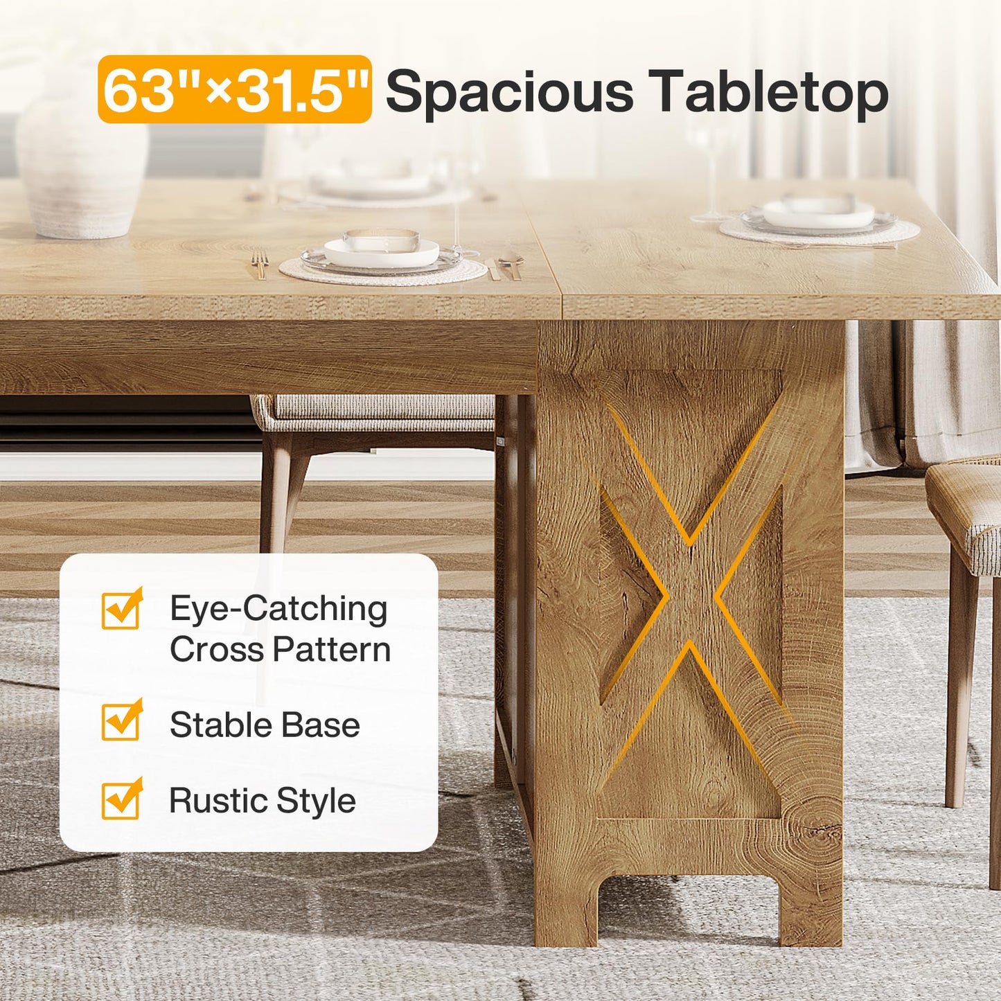 Tribesigns 63" Farmhouse Dining Table with Storage, Rectangular Wooden Kitchen Dinner Table for Dining Room, Living Room, Fit for 2-4 People, Rustic Brown