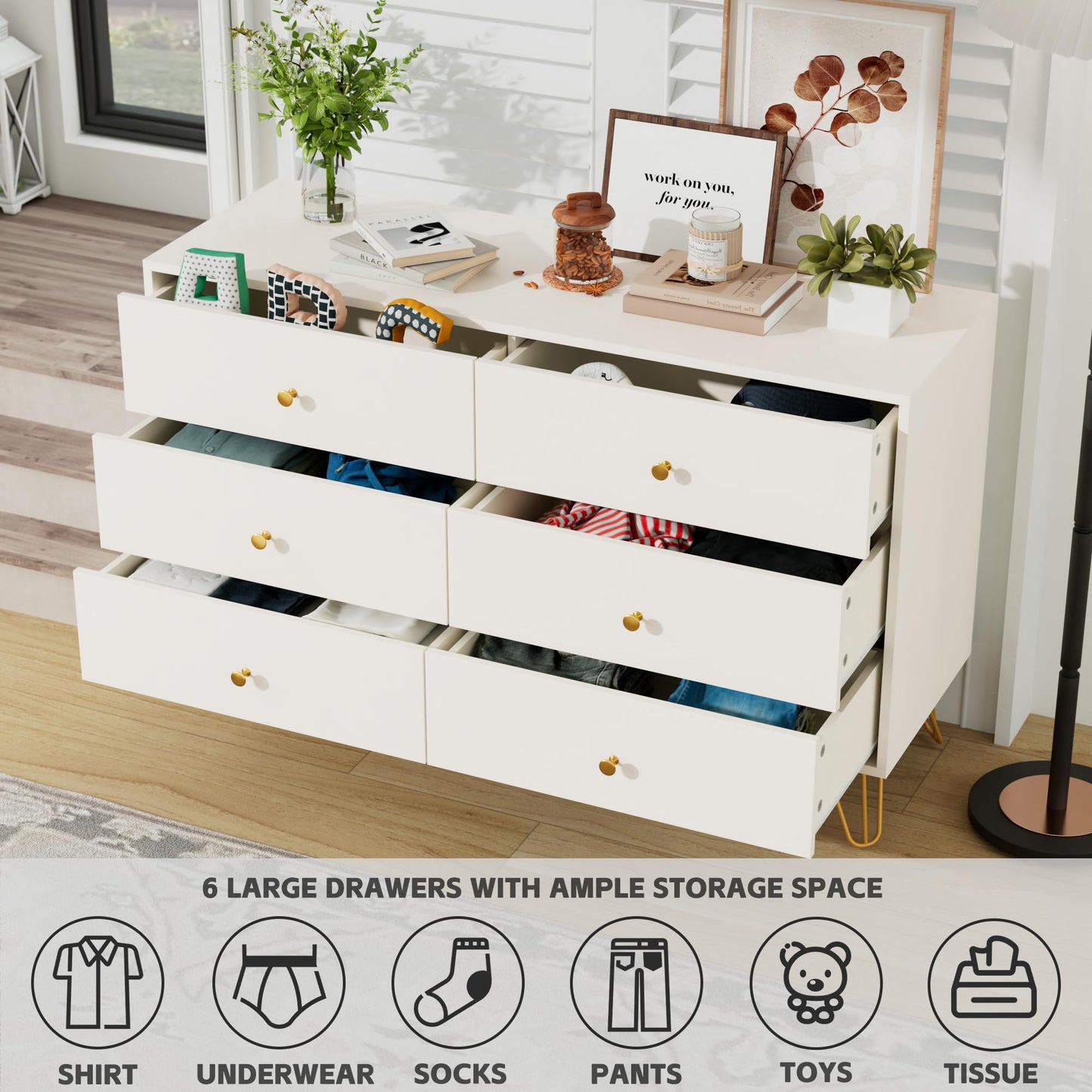 Tradare White Dresser for Bedroom, 6 Drawer Dresser with Golden Handles, Large Storage Cabinet, Modern Chest of Drawers Organizer Storage for Hallyway, Entryway