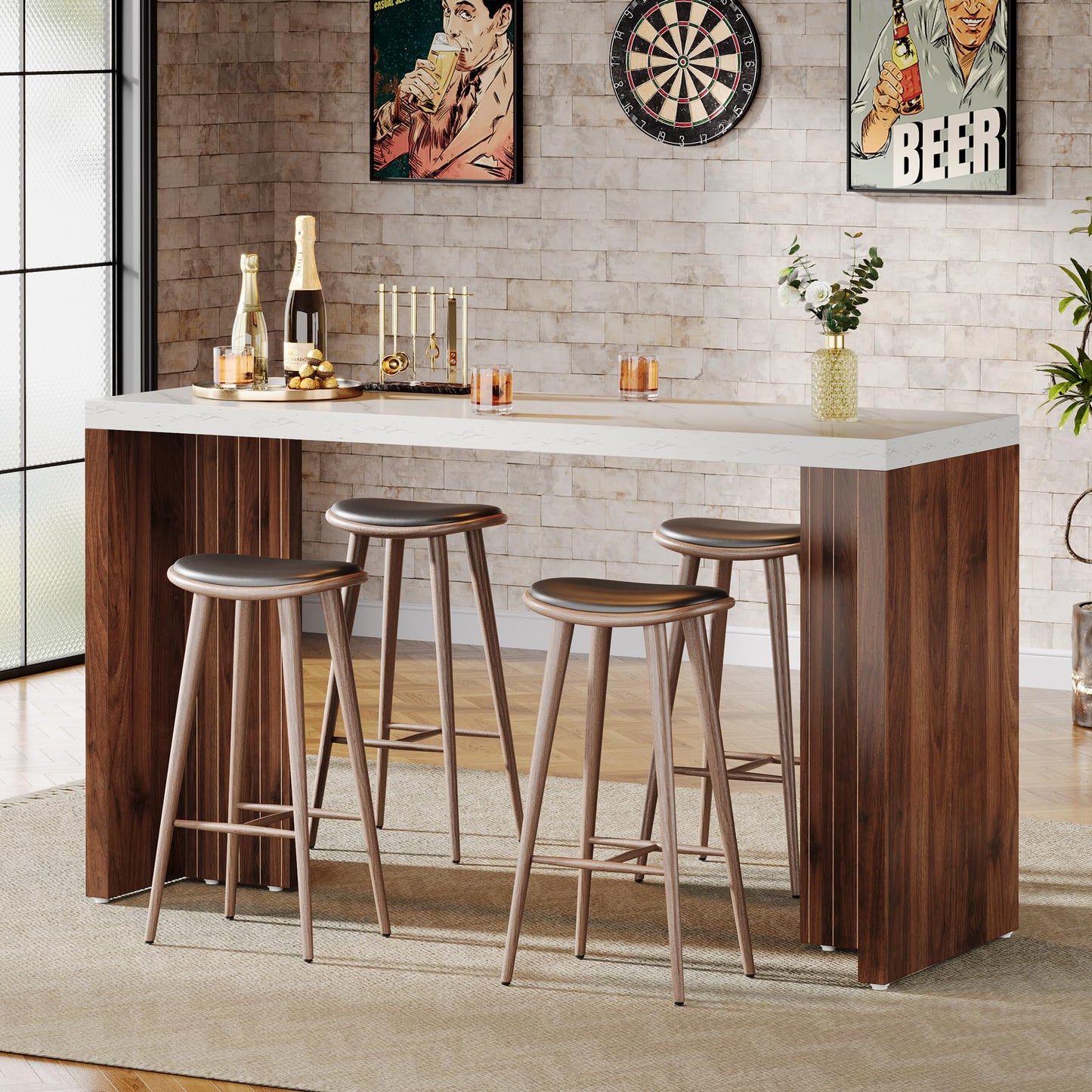 Tribesigns Home Bar Unit, 55.12-Inch Bar Table with a Faux Marble Finished Tabletop, Modern Freestanding Mini Bar for Home Kitchen, Living Room, Balcony, Basement, Walnut & White