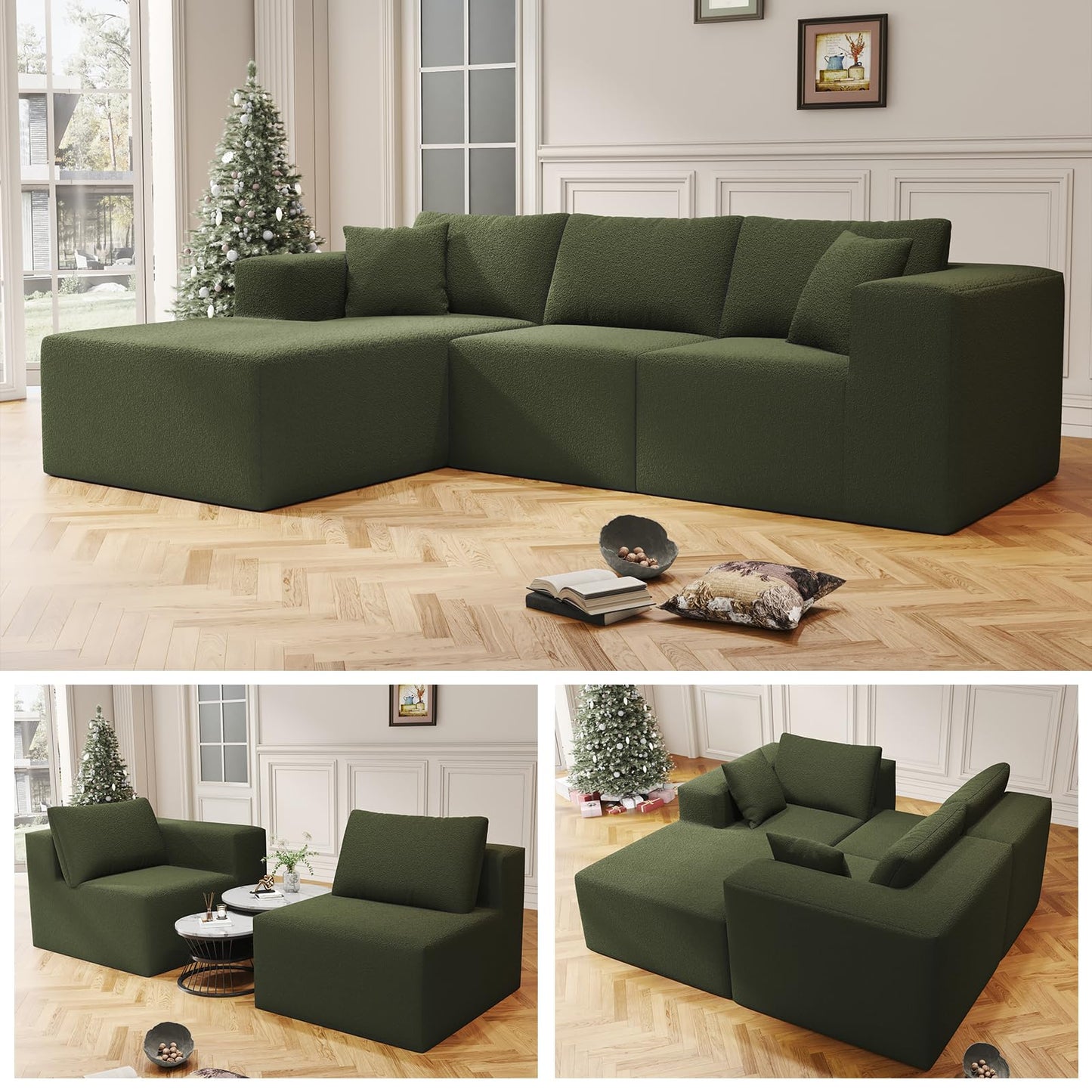108" Cloud Sectional Couch with L-Shape Chaise,4 Seat Modern Modular Sofa with Deep Seat, Upholstered Couches for Living Room Bedroom, Sectional boneless couch with pillows,No Assembly Required(Green)