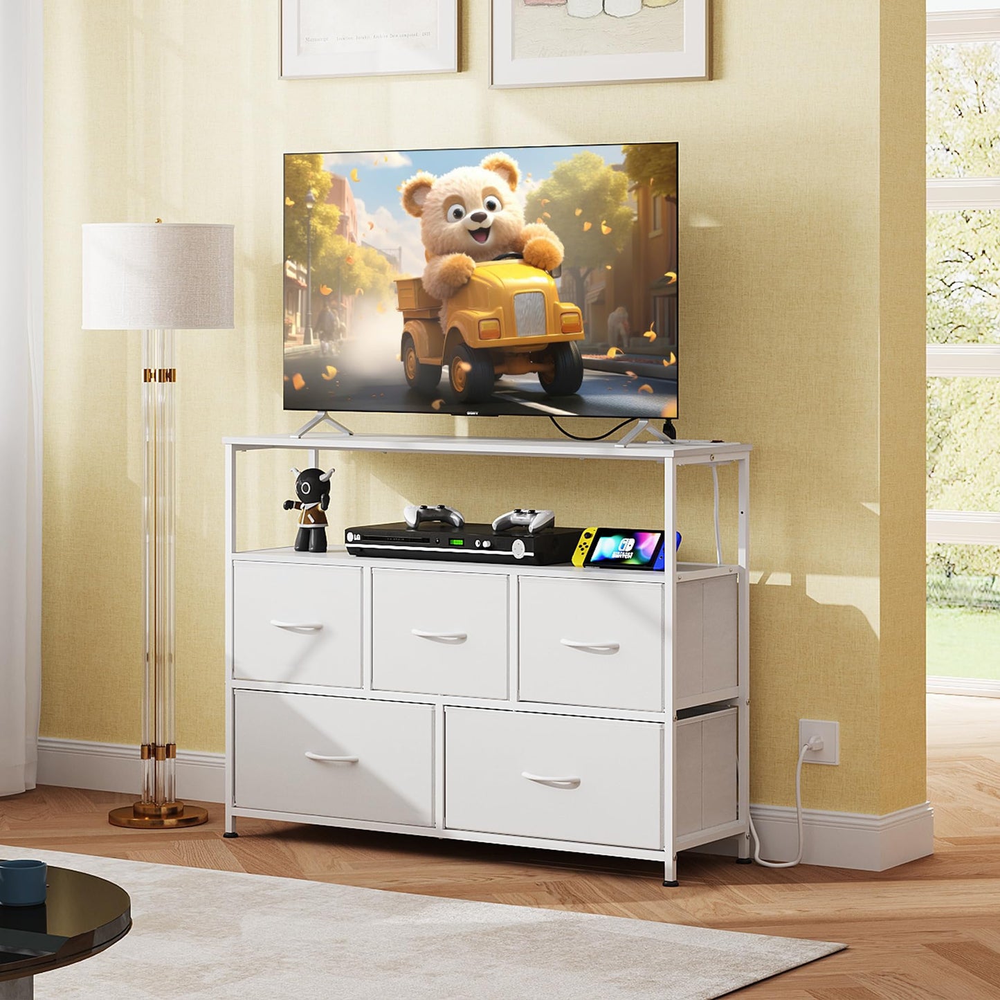 WLIVE White Dresser for Bedroom, 5 Drawer Dressers with Charging Station, Fabric Chest of Drawers with Open Shelves, Storage Dresser for Living Room, Closet, Entryway