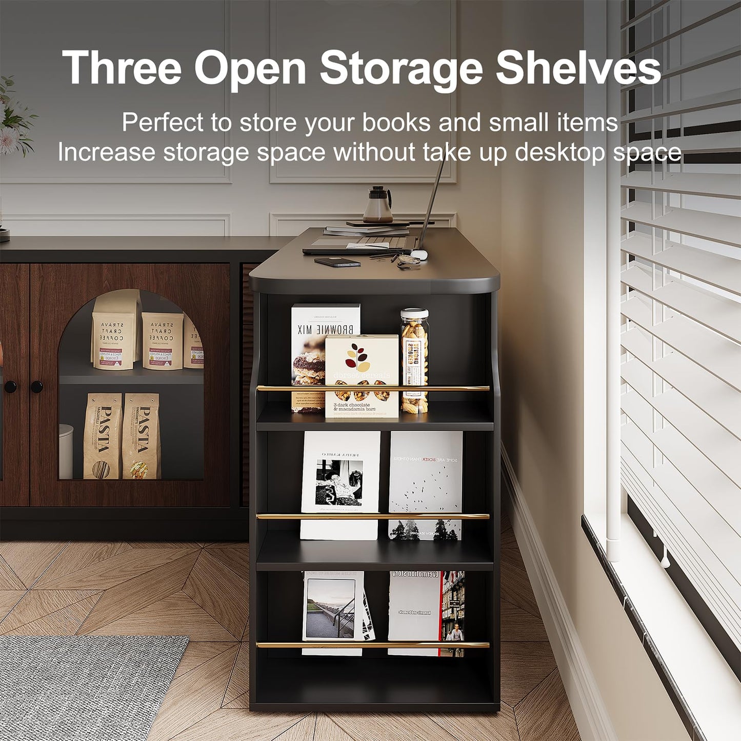 Trroec Adjustable L-Shaped Corner Table with 3 Drawers and 2 Glass Cabinet Doors Length 65.75"-94.48" Expandable Wooden Vanity and Desk Combo Side Storage for Bedroom Dressing Room Study