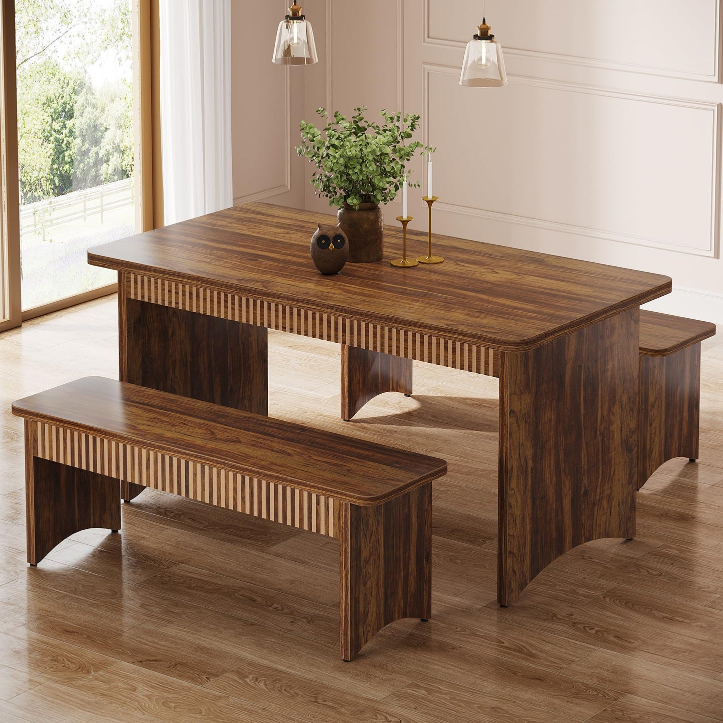 Tribesigns 3-Piece Dining Table Set, 55" Dining Room Table with 2 Benches for 4-6 People, Kitchen, Dining Room, Rustic Brown