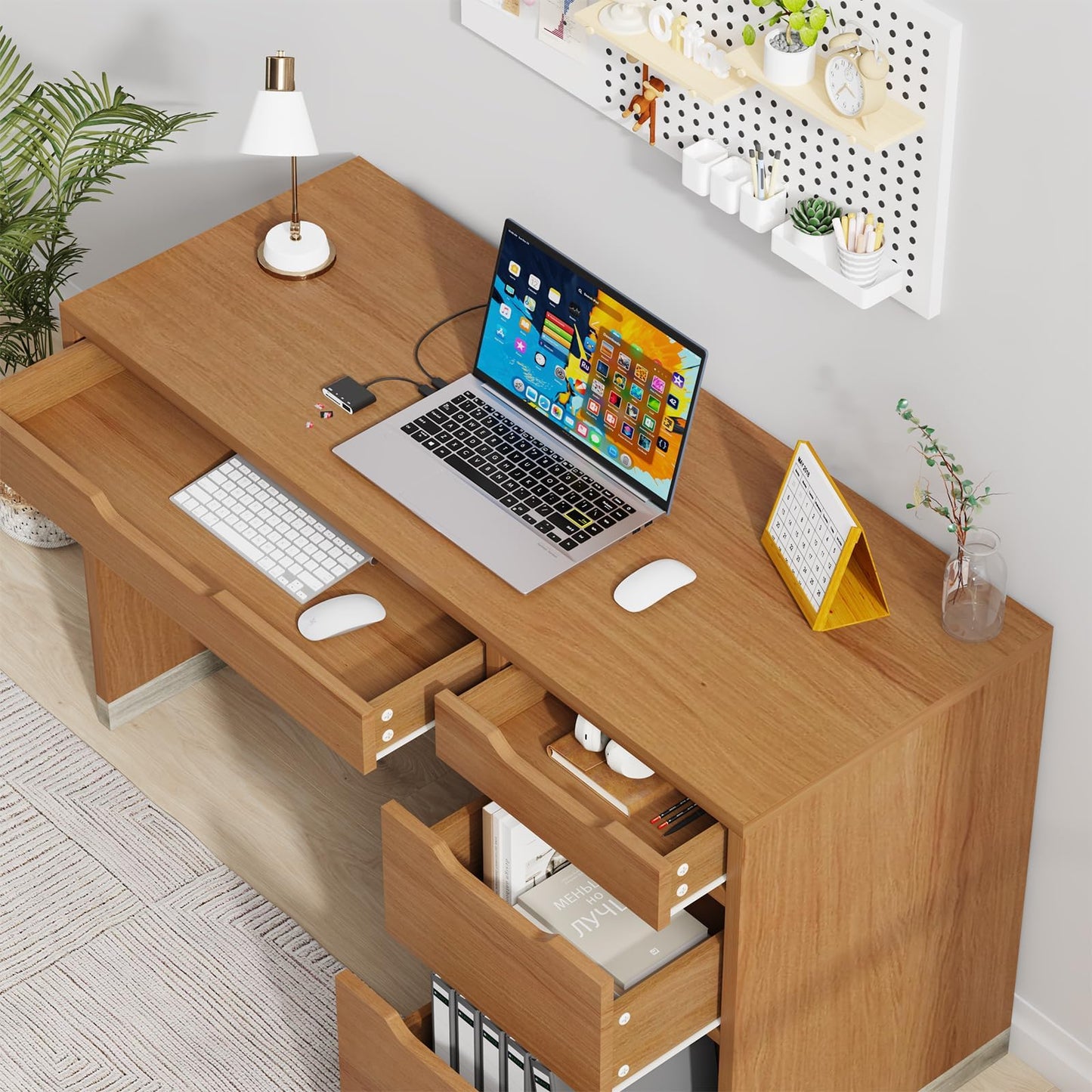 MaverickFurni 52 Inch Desk with 4 Drawers, Small Computer Desk for Small Space, Home Office Desk with Storage File Cabinet for Bedroom, Brown