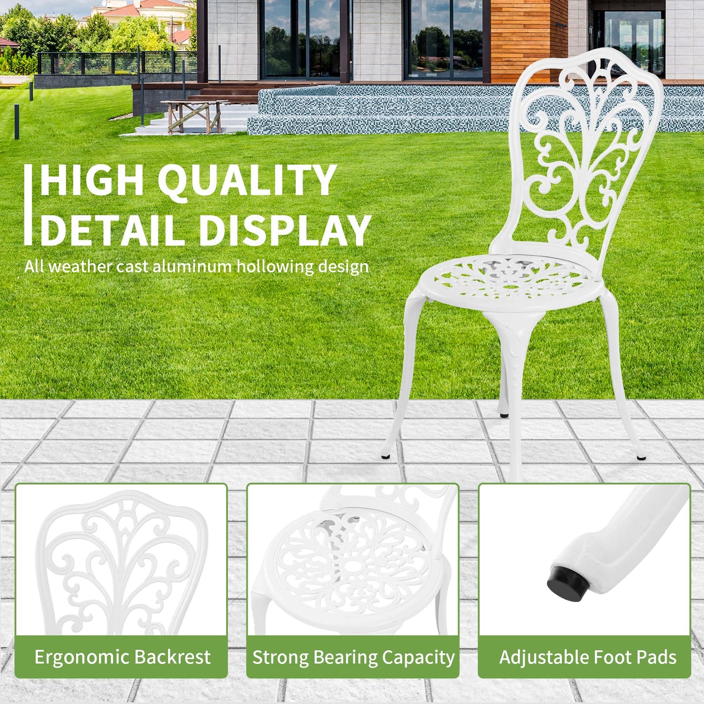 Withniture 3 Piece Patio Set Outdoor Cast Aluminum Patio Bistro Table and Chairs Set of 2,All Weather Outdoor Bistro Sets with 1.97" Umbrella Hole for Front Porch Set,Garden(White)