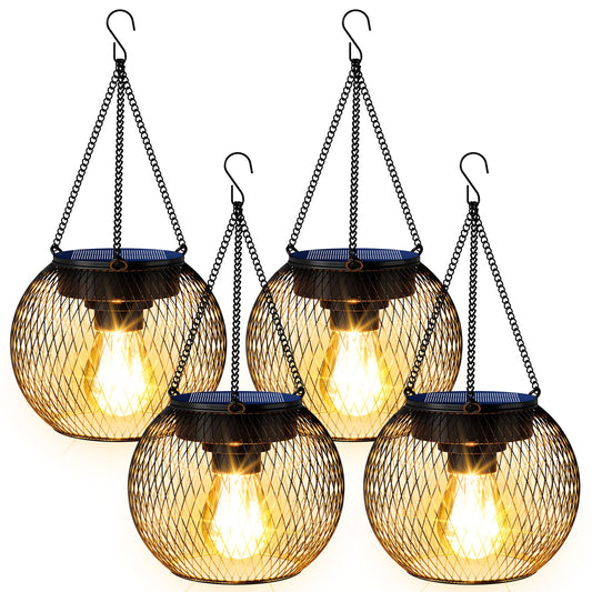 TANCUZO Solar Lanterns Outdoor Waterproof 4 Pack, Upgraded Metal Solar Hanging Lights with Hooks & Auto On/Off, Brighter Warm Outdoor Hanging Lantern Lighting for Porch Garden Yard Pathway Decor