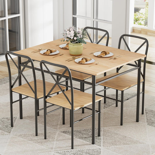 VECELO 5-Piece Kitchen Dining Table Set, Wood Tabletop & Heavy-Duty Metel Frame, Rectangle Dinette with 4 Chairs for Small Space, Breakfast Nook, Natural & Black