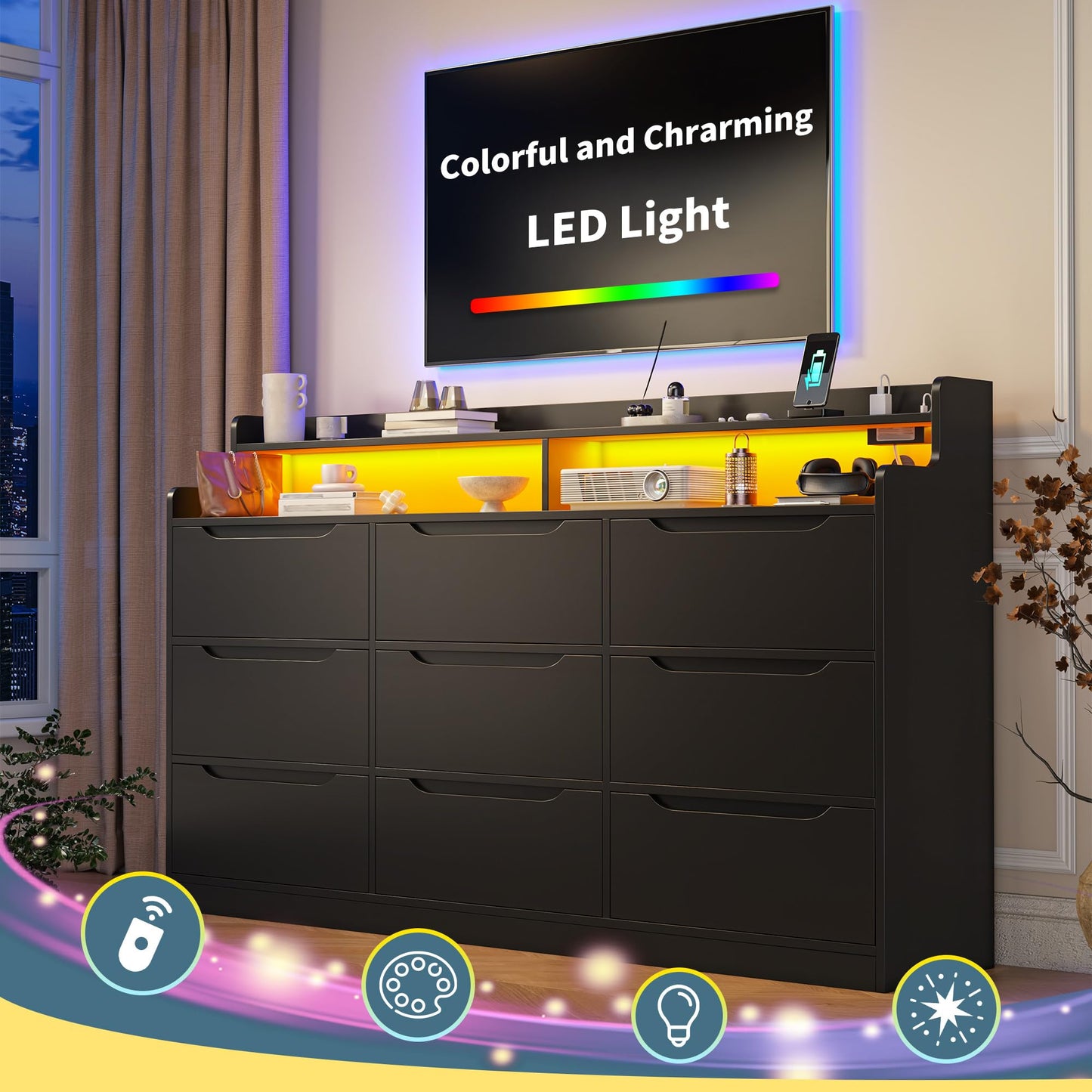 DurayLoly Modern Dresser for Bedroom with LED Light, 9 Drawer Black Dresser with Charging, Wooden Chest of Drawers, Large TV Stand for Bedroom