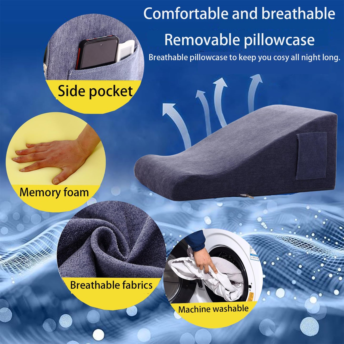 wuFQecht Bed Reading Pillow - Sofa Bed Wedge Pillow - Post-Op Recovery Backrest Pillow - Working Lumbar Support Reading Pillow with Removable Pillowcase Dark Blue 27x20x12in