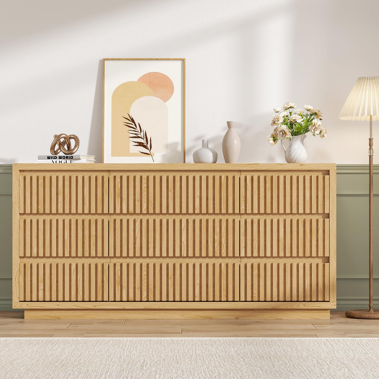 Jluomei Long Dresser for Bedroom with 9 Drawers, 58" Wide Modern Chest of Drawers, Large Wood Dresser TV Stand, Boho Fluted Closet Clothes Storage Organizer for Living Room, Natural Oak