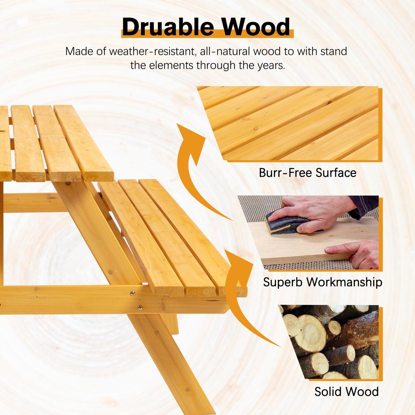 Premium Picnic Tables Outdoor Wooden Picnic Table Set with Benches & Umbrella Hole - Stylish and Spacious Seating for 6-8 People - Perfect for Backyard, Porch, and Garden Gatherings