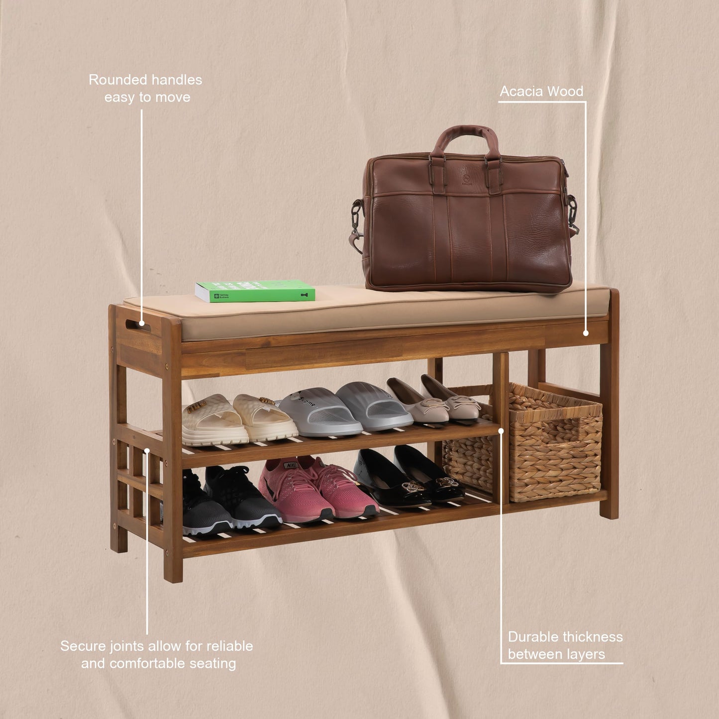 VICTORY RELAX Wooden Shoe Storage with Bench Seat - Natural Acacia Wood Entryway Organizer with Cushioned Top & Easy-Move Handles - Multi-Level Shoe Shelf (39.4 x 11.6X 19.29)