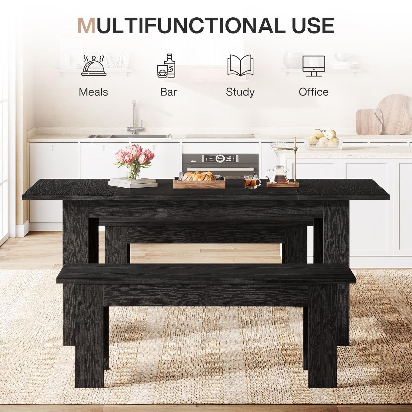 Tribesigns Farmhouse Dining Table Set for 4-6, 55-Inch Rectangle Kitchen Table with 2 Benches, 3-Piece Wooden Dinner Table for Dining Room, Kitchen, Small Space, Black