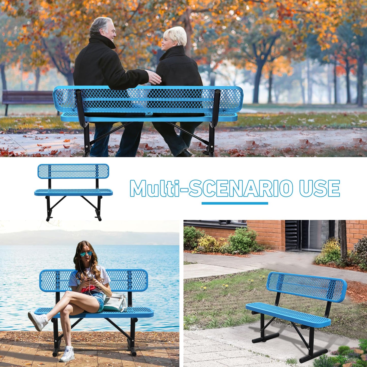 4Ft Outdoor Bench with Back Portable Frame, Outdoor Steel Park Bench with Backrest, Expanded Metal Mesh Bench for Outside, Lawn, Backyard, Park, Garden, Patio, Porch, Bule