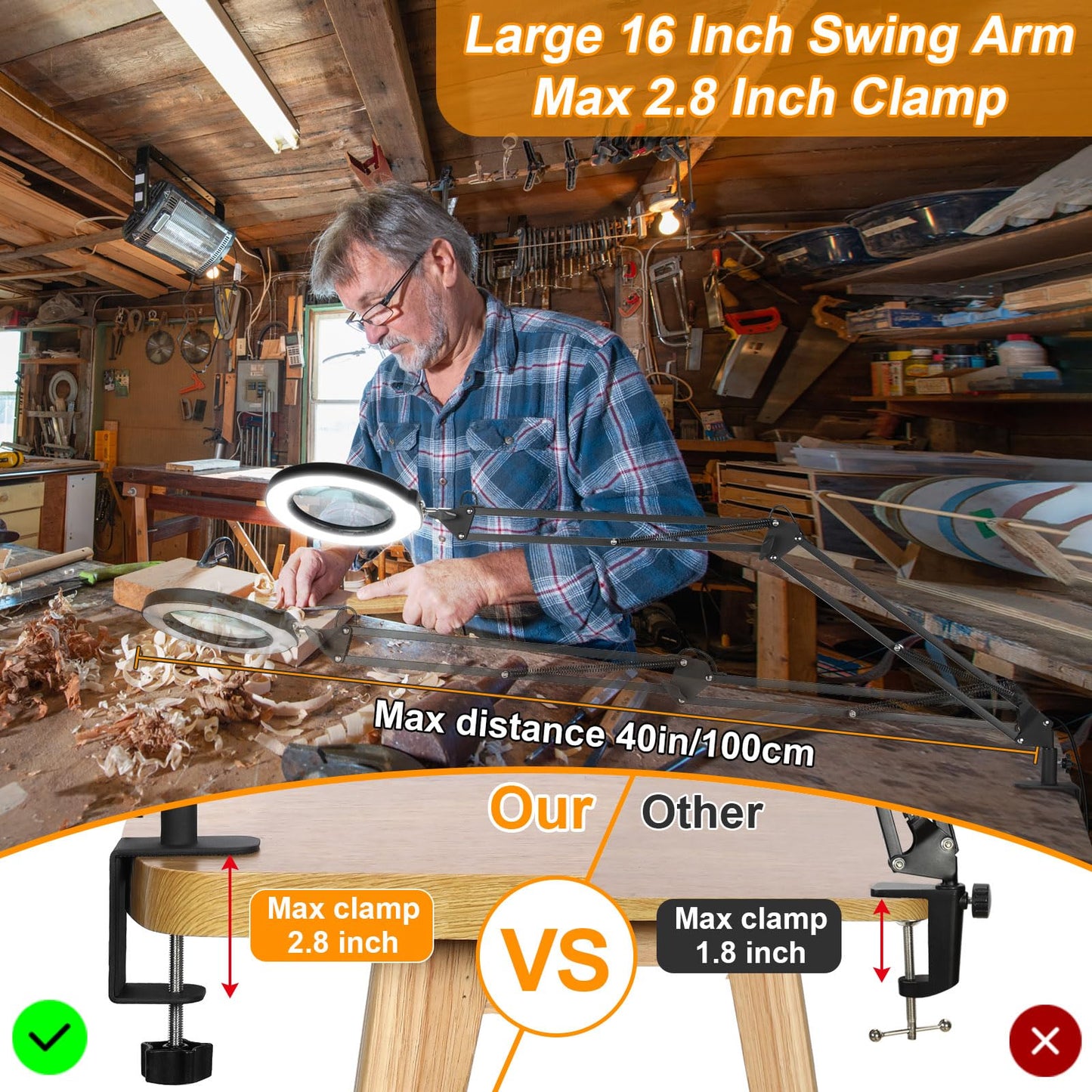 10X Large Magnifying Glass with Light and Stand, KRSTLV 2 x 16 Inch Adjustable Swivel Arm LED Desk Lamp with Clamp, 5 Color Modes Stepless Dimmable, Lighted Magnifier Hands Free for Close Work, Hobby