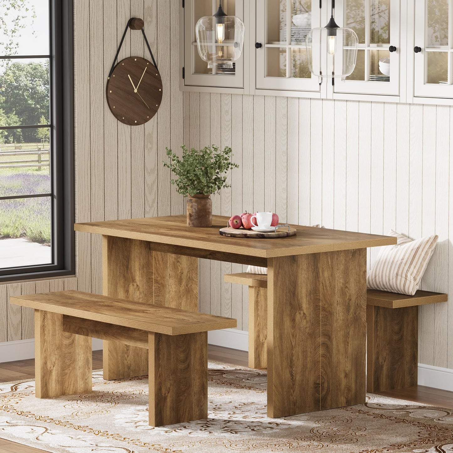 Tribesigns 3 Pieces Dining Table Set with 2 Benches, 55" Farmhouse Kitchen Table Set for 4-6, Rectangular Wooden Heavy Duty Dinette for Kitchen, Dining Room, Brown