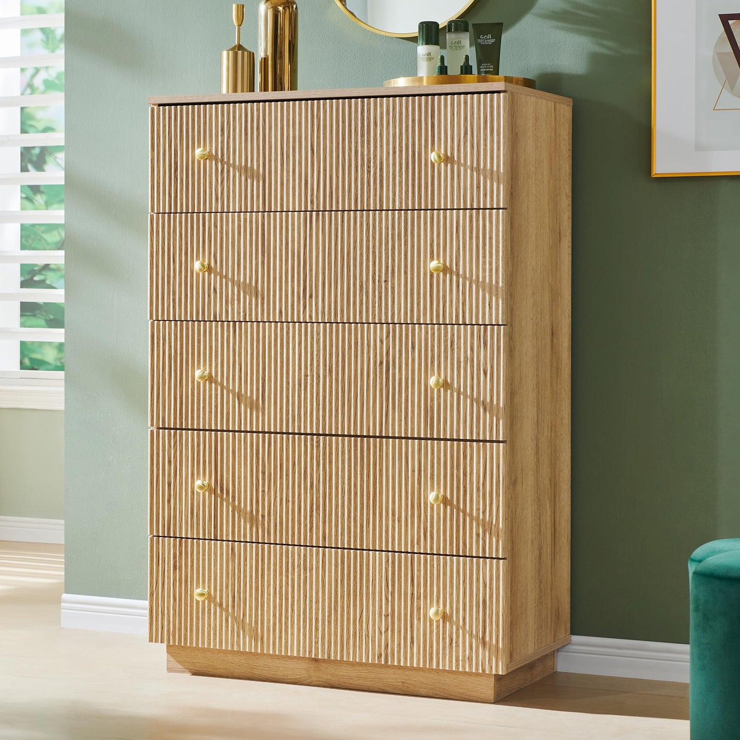 wow97e Fluted Dresser for Bedroom, 5 Drawer Dressers, Wood Tall Dresser Storage Organizer, Chest of Drawers with Deep Storage, Modern Bedroom Chest for Closet Hallway, Entryway, Living Room, Natural
