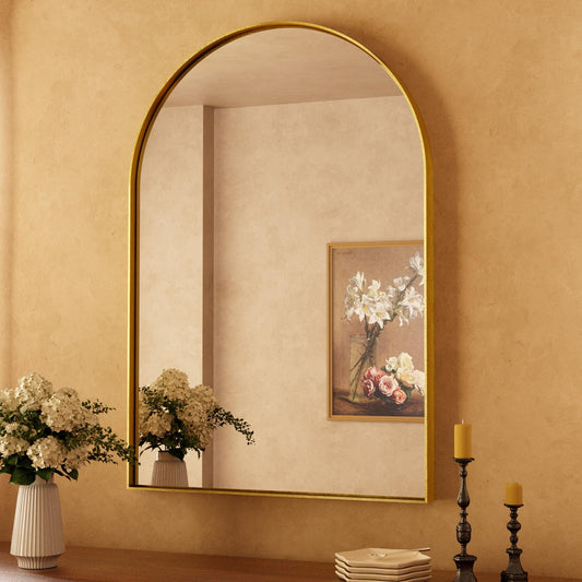 TETOTE Gold Arched Mirror for Bathroom, 24 x 36 Brushed Gold Metal Framed Arch Bathroom Mirror, Tempered Glass Decorative Rustic Wall Mirror for Fireplace, Entryway, Living Room