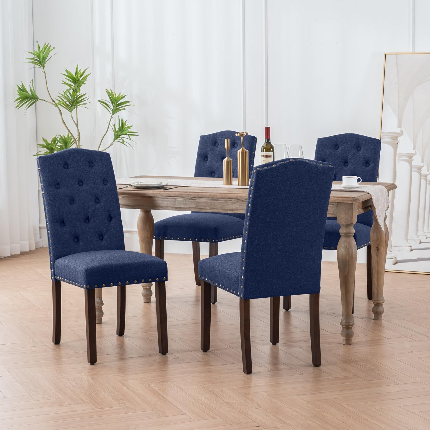 VKNOW Button Tufted Dining Chairs Set of 4, High Back Dining Room Chairs with Wood Legs, Upholstered Fabric Side Kitchen Chairs for Kitchen Dining Room, Navy Blue