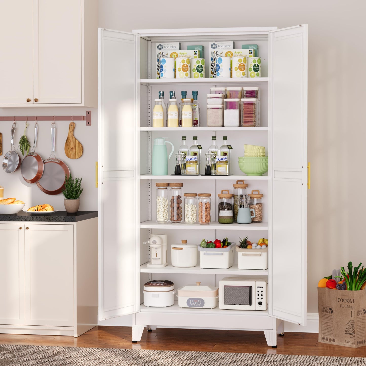 Metal Pantry Cabinet with 2 Doors and 5 Adjustable Shelves, 75" Kitchen Storage cabinets with Gold Handles, Versatile Storage for Laundry Room, Living Room, Bathroom, Dinning Room, Utility Room-White