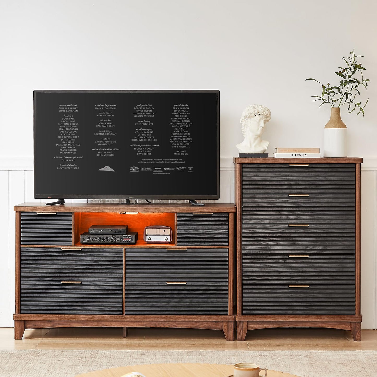 AOGLLATI Black Dresser for Bedroom with Slanted Louvre Design,Retro Chest of Drawers with Charging Station, Wooden Tall 5 Drawer Dresser for Bedroom,Living Room, Hallway, Black & Brown