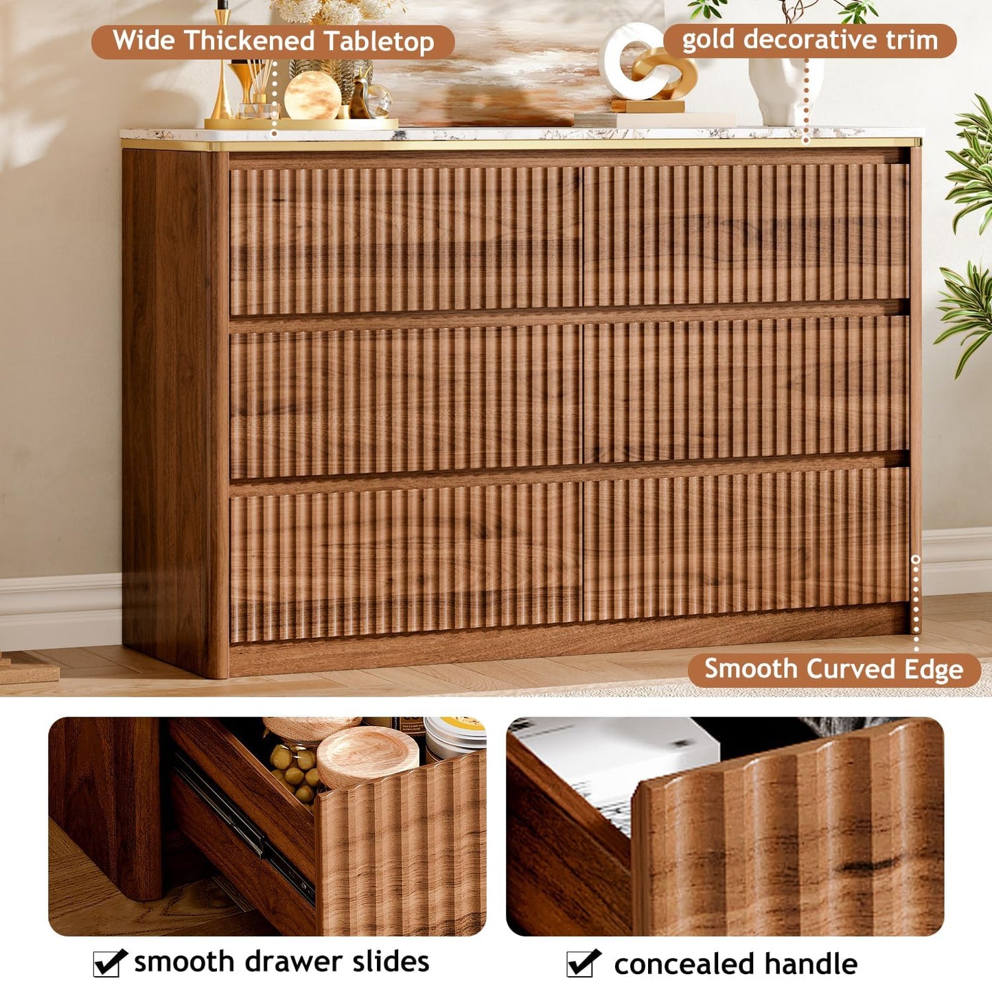 Ieejdn Fluted Dresser for Bedroom with 6 Drawers, 47.2" Modern Chest of Drawers with Faux Marble Top, Curved Profile Design,Dresser TV Stand, Wood Drawer Organizer for Living Room, Hallway, Walnut