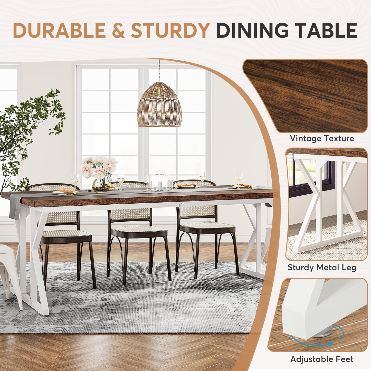 Tribesigns Farmhouse Dining Table for 6-8 People, 78.7-Inch Rectangular Wood Dining Table, Rustic Kitchen Table with Heavy Duty Metal Legs for Dining Room