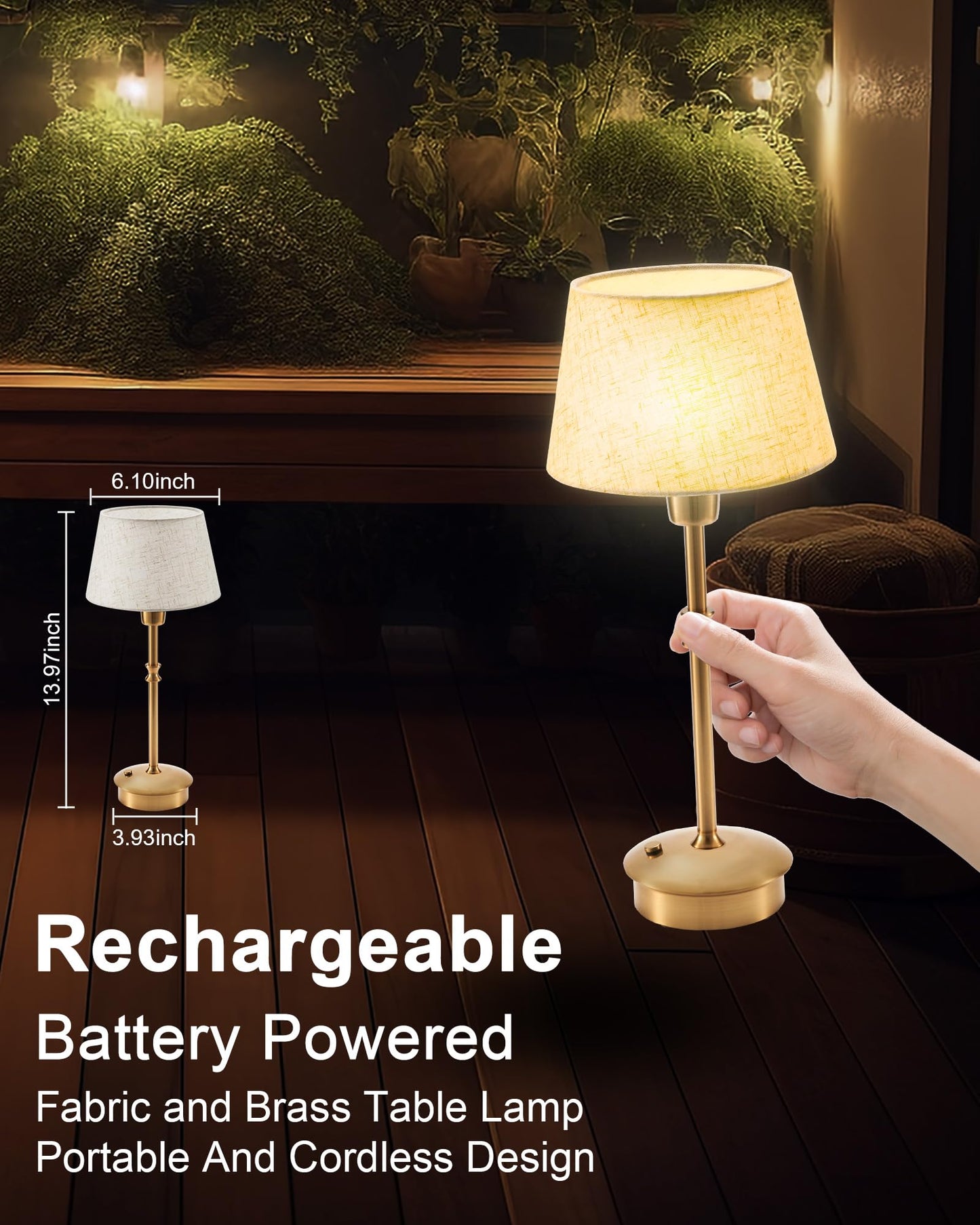 UMEXUS Cordless Lamp Rechargeable Table Lamps, 5000mAh Battery Operated Lights, 3 Level Brightness Dimmable, Portable Night Bedside Light for Patio, Restaurant, Dining, Fabric Shade, Antique Brass
