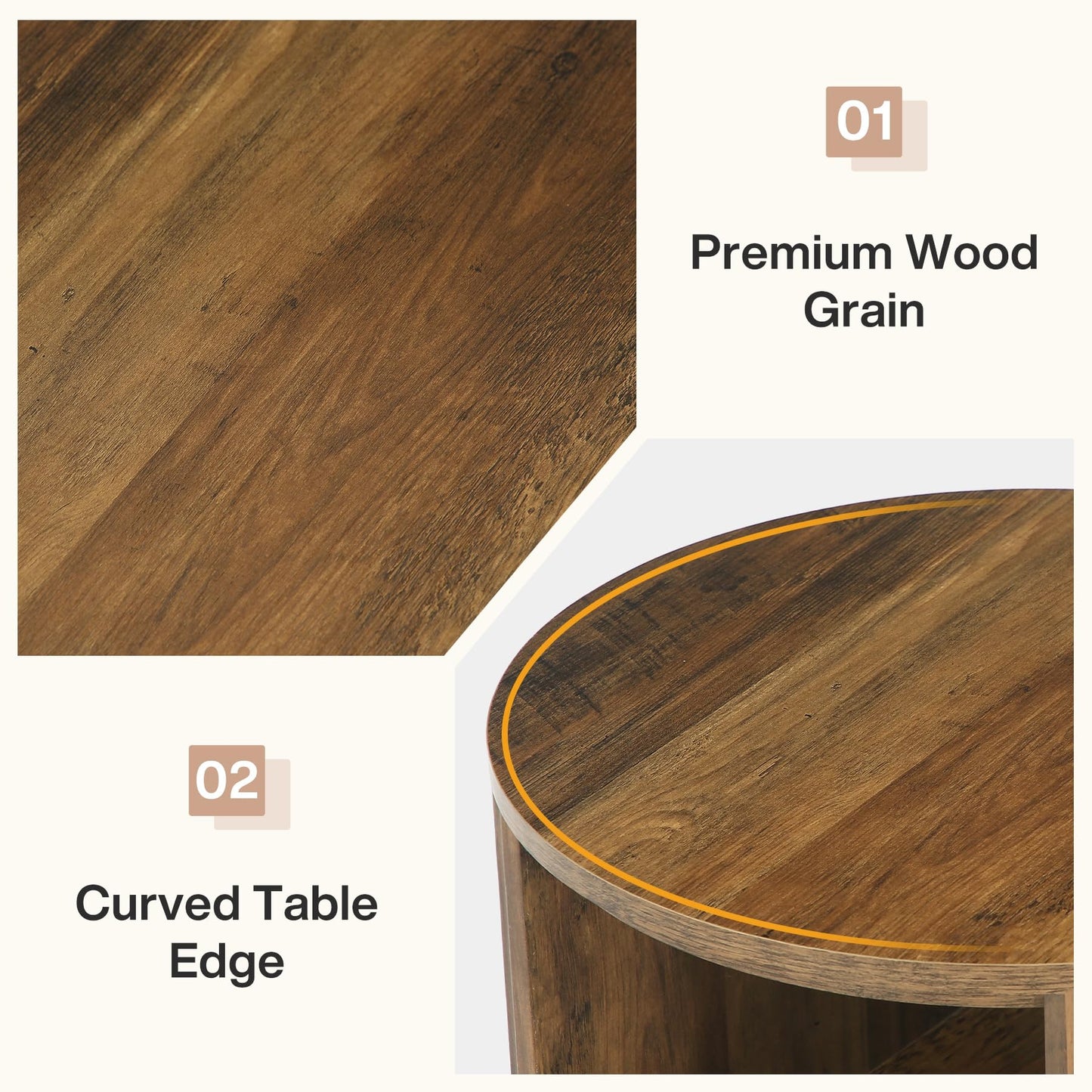 Tribesigns Round Fluted End Table, Farmhouse Round Side Table with 3-Tier Storage Shelf, Circle Bedside Nightstand for Living Room, Bedroom, Small Spaces, Rustic Brown