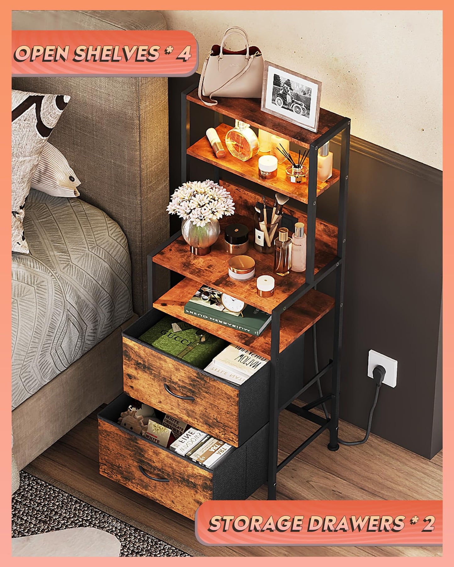 WLIVE Nightstand Set of 2 with Charging Station, LED Night Stand Sets with 2 Drawers and 4 Storage Open Shelves, Fabric Dressers for Bedroom, Rustic Brown