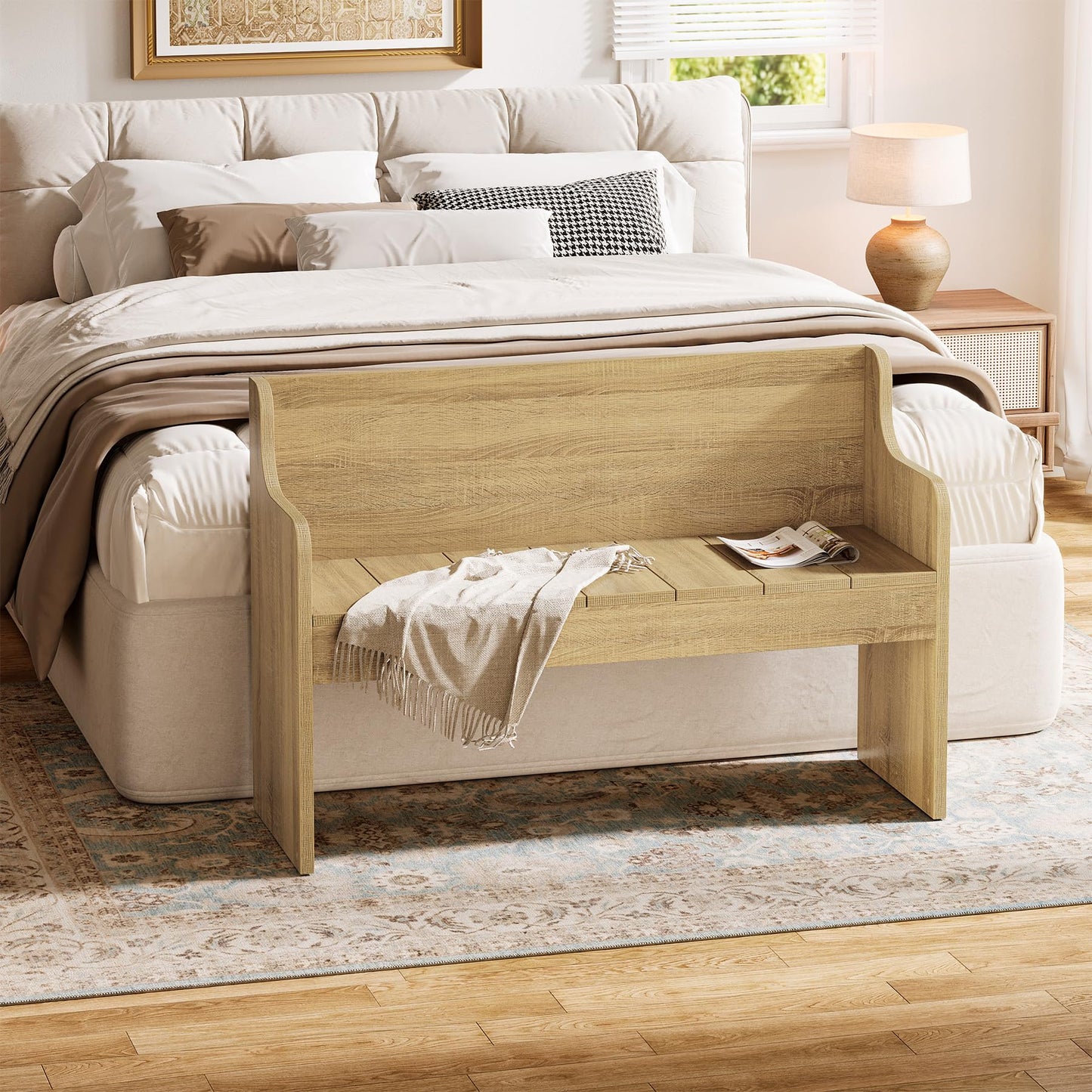 Tribesigns Entryway Bench with Back, 43.3" Farmhouse Wooden Indoor Bench, End of Bed Stool for Bedroom, Living Room, Dining Room, Easy Assembly, Natural