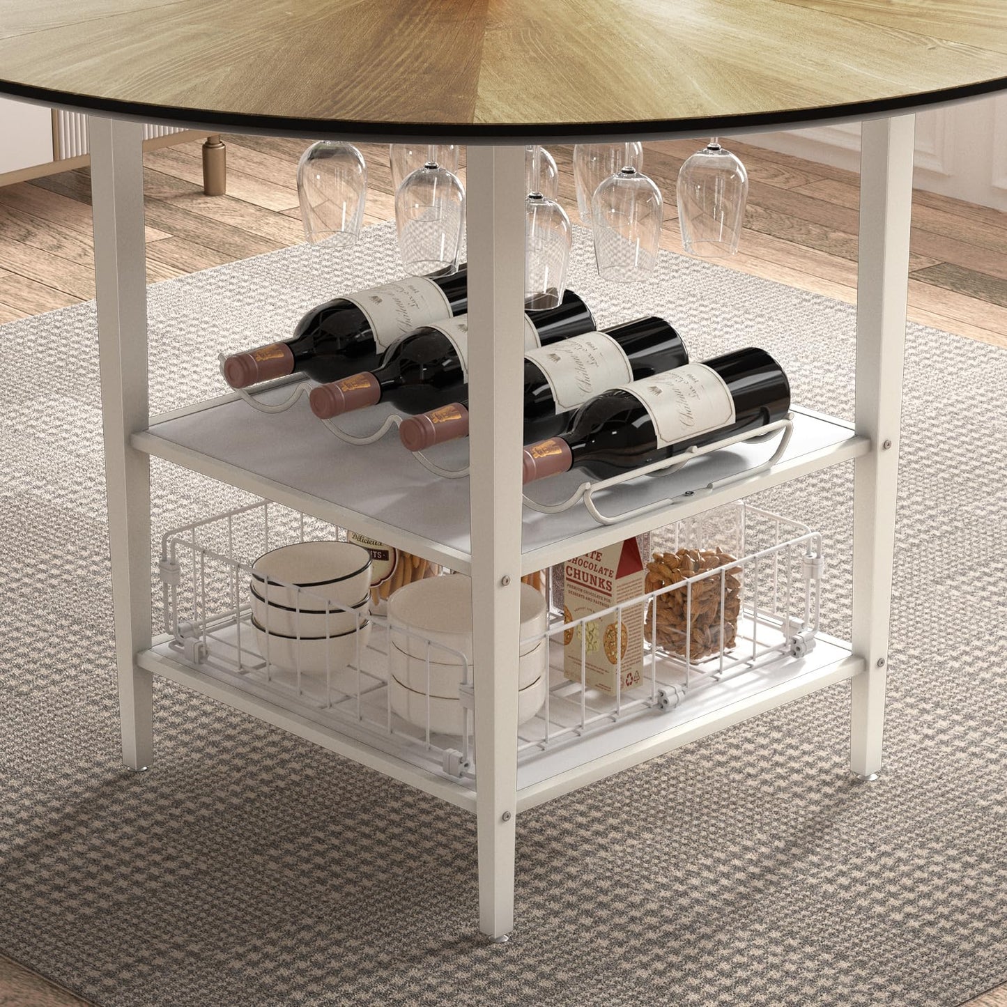 VFK 47'' Round Dining Table Set for 4-6, Farmhouse Kitchen Table with 4 Chairs & Storage Rack, Rustic Wood Dining Set with Sturdy Metal Base for Dining Room & Living Room