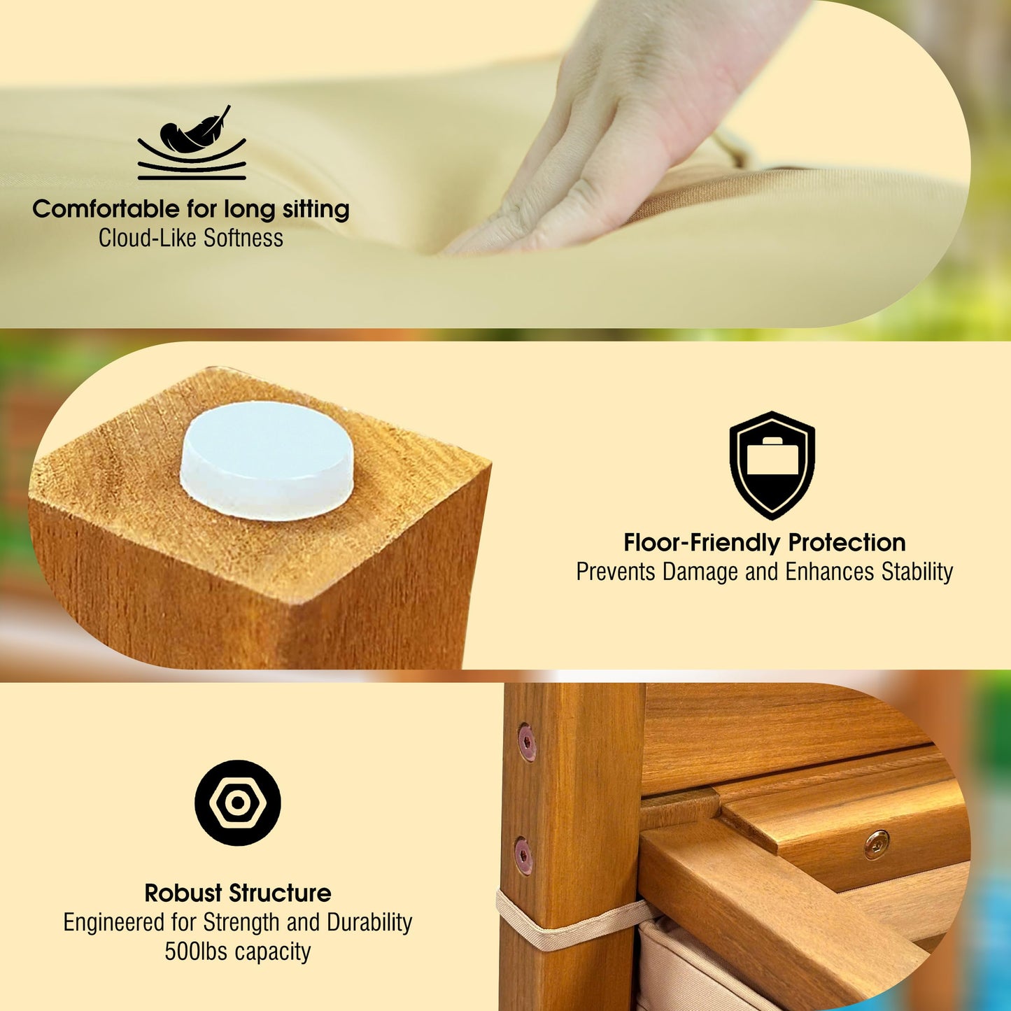 Tranquillo Solara Acacia Wood Outdoor Chairs Set of 2 with Cushions – Heavy-Duty 500lbs Capacity, Weather-Resistant Wooden Patio Armchairs, Solid Wood Garden & Deck Chairs for Outdoor Seating