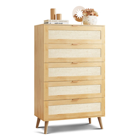 WLIVE Rattan Dresser for Bedroom, 5 Drawer Wood Boho Dresser Storage with Gold Metal Handle, Chest of Drawers for Living Room, Closet, Hallway, Light Oak