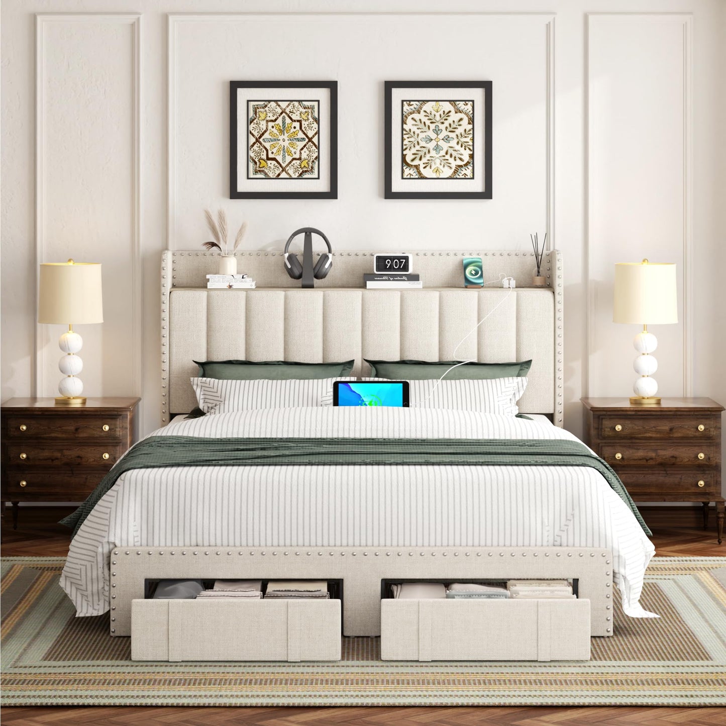 viplov Queen Bed Frame with Headboard and Storage, Platform Bed Frame with 2 Drawers, Upholstered Bed Frame with Storage, Built-in Charging Station, No Box Spring Needed, No-Noise, Beige