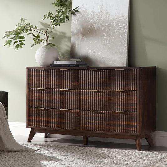 T4TREAM Fluted 6 Drawers Dresser, 54" Wide Modern Chest of Drawers, Curved Profile Design, Dresser TV Stand, Wood Drawer Organizer for Bedroom, Living Room, Hallway, Dark Walnut