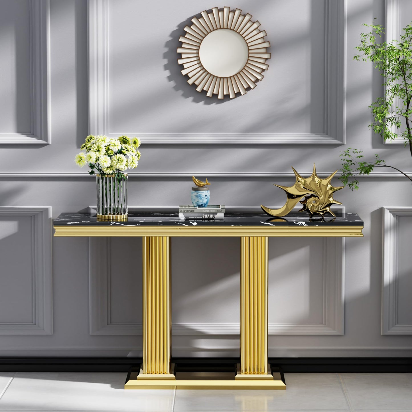 47" Rectangular Marble Console Table Luxury Black Faux Marble Entryway Table with Gold Column-Shape Stainless Steel Base Modern Narrow Sofa Hallway Tab for Living Room Entrance