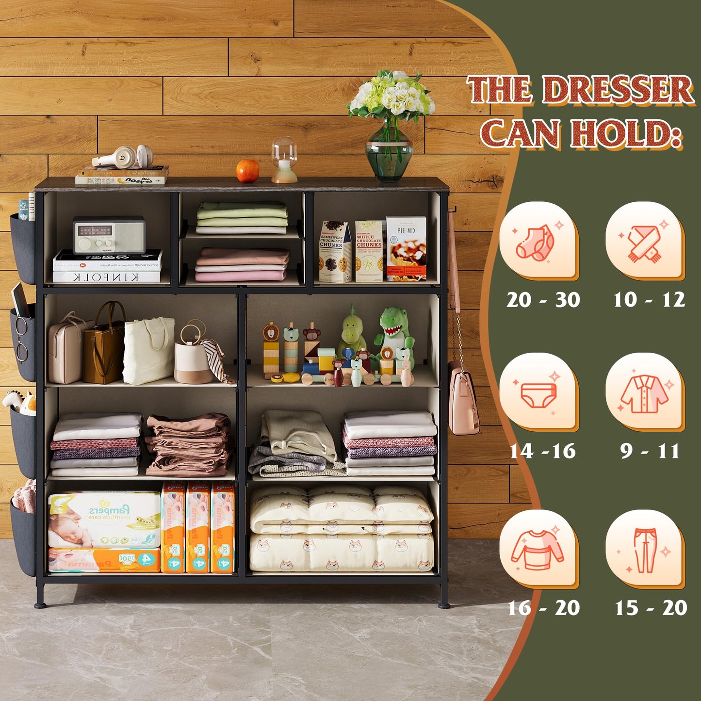 WLIVE Dresser for Bedroom with 10 Drawers, Fabric Dresser Chest of Drawers with Side Pockets and Hooks, Sturdy Metal Frame, Drawers Organizer Unit for Room, Hallway, Dark Gray