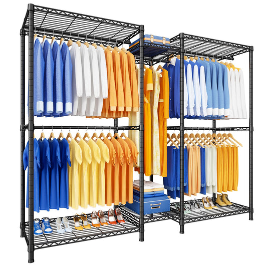 Ulif E12 Clothes Rack，Heavy Duty Freestanding Garment Rack with Shelves，Metal Clothing Closet Storage System for Hanging Clothes，71" W x 16" D x 76.5" H, Hold 960 lbs，Black