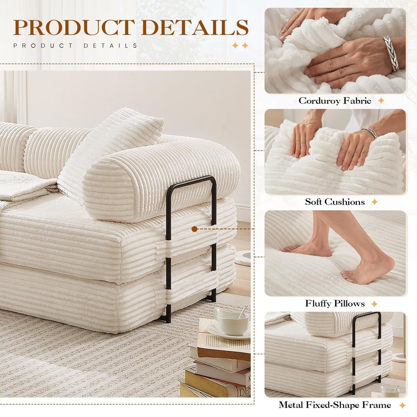 78.5"W Convertible Folding Sofa Bed, Corduroy Upholstered Queen Size Foam Floor Couch with Fixed-Shaped Frame, Loveseat Sleeper Compression Sofa Foldable Mattress for Living Room, Bedroom(Beige)